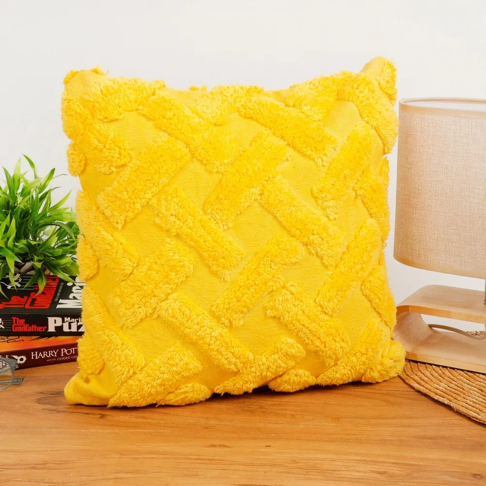 Criss Cross Bars Tufted Cushion Cover, 16x16, Yellow